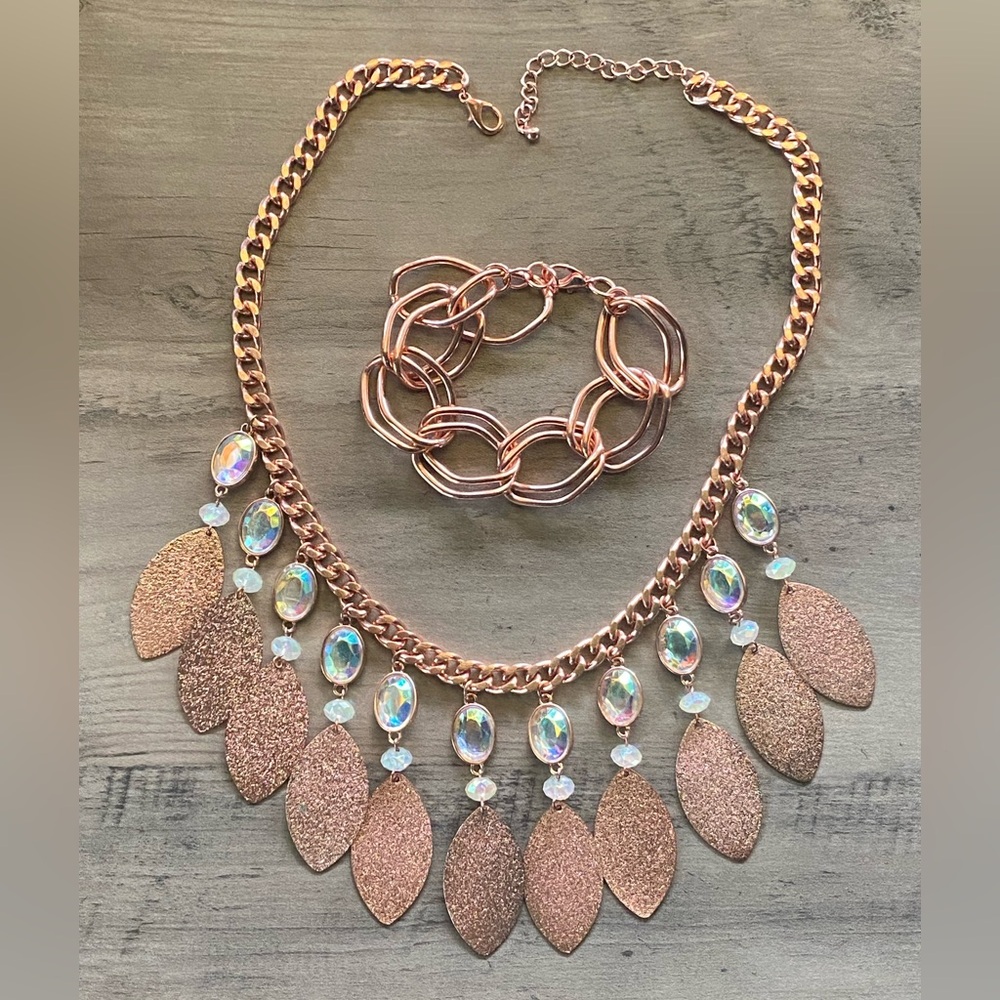 Women’s Rose Gold Metallic Crystal Bling Fashion Statement Necklace & Bracelet